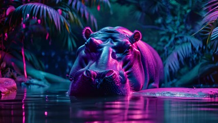 A hippo is laying in a body of water with a purple and blue background. The water is calm and the hippo appears to be relaxed