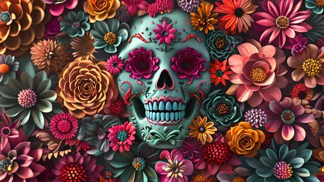 A colorful flower arrangement with a skull in the center. The skull is surrounded by a variety of flowers, including roses, daisies, and sunflowers. Scene is vibrant and lively