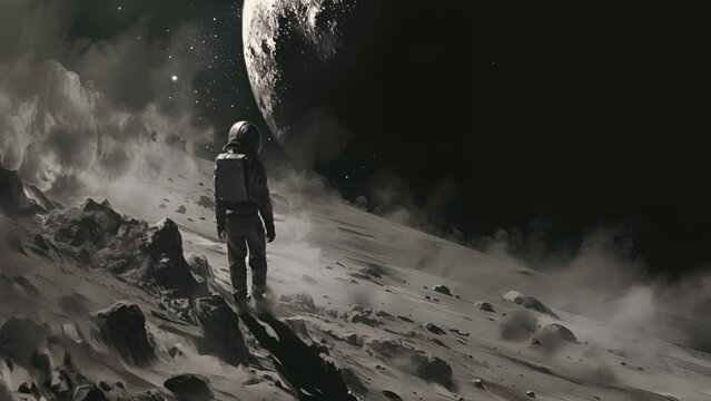 A man in a spacesuit is walking on a rocky surface. The image has a dark and moody atmosphere, with the man standing alone in the vast emptiness of space