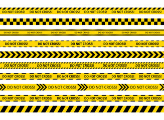 Yellow black tape. Do not cross ribbons. Police warning barrier tapes for criminal accident places. Set of caution crime scene bands. Seamless striped boundary lines. Vector illustration.