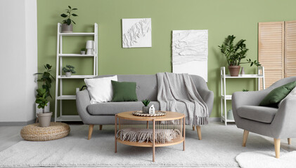 Modern living room with comfortable sofa, armchair, houseplants and coffee table