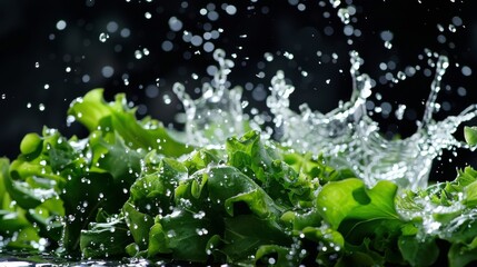 A refreshing splash of water on a pile of leafy greens, emphasizing the importance of hydration for optimal freshness
