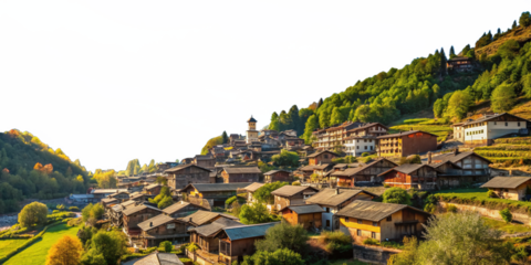 village at the edge of a mountain landscape, transparent sky