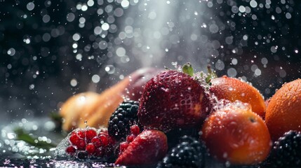A refreshing spray of water misting over a selection of ripe fruits, adding a touch of freshness to their appearance