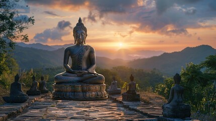 Buddha statue at sunrise, with mountains in the background. - obrazy, fototapety, plakaty