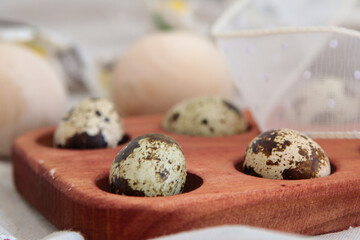 Easter table. Quail eggs. Close-up. Selective focus. Copyspace