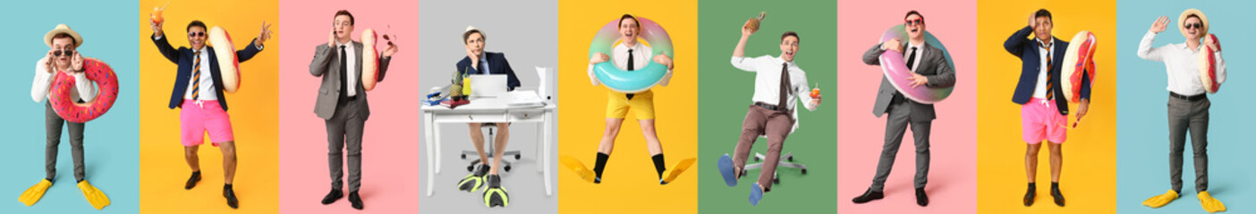 Collage of businessmen dreaming about vacation on color background