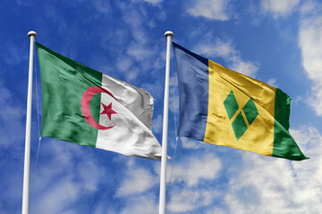 3d illustration. Algeria and Saint Vincent and the Grenadines Flag waving in sky. High detailed waving flag. 3D render. Waving in sky. Flags fluttered in the cloudy sky.