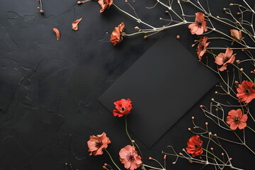 Stylish elegant flat lay black floristic greeting invitation post card with copy space mockup. - obrazy, fototapety, plakaty