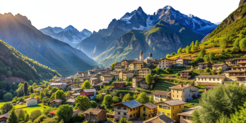 village at the edge of a mountain landscape, transparent sky