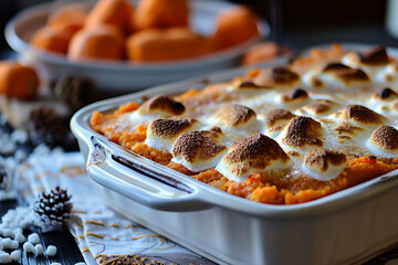 Sweet Potato Casserole with a marshmallow brulee topping a side dish turned into a grandiose treat - obrazy, fototapety, plakaty