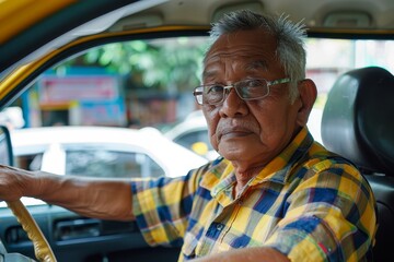 A handsome old malay man wearing glasses and checkered shirt is sitting in the driver's seat of his...