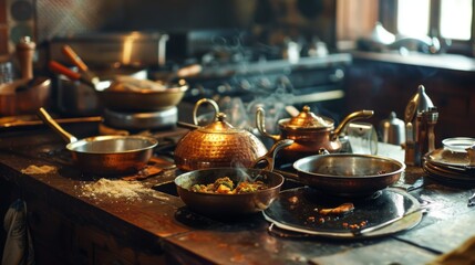 A rustic kitchen scene with copper pots bubbling with fragrant Indian dishes