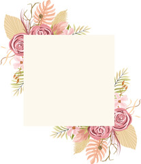 frame with Wreath with protea flowers,maroon roses, hydrangeas, cotton, palm leaves, reeds and dried plants in boho style.