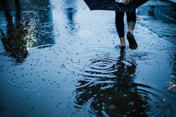 A girl with an umbrella walks along a rain-soaked street, her footsteps leaving ripples in the puddles, Generative AI