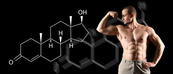Male bodybuilder showing arm muscles on black background