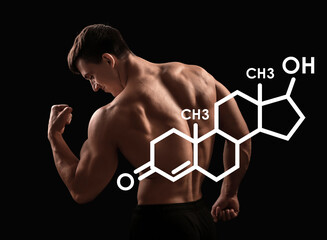 Muscular bodybuilder on dark background, back view