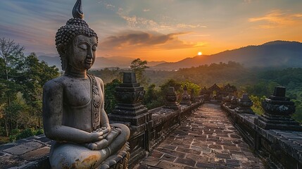 Buddha statue at sunrise with mountains in the background