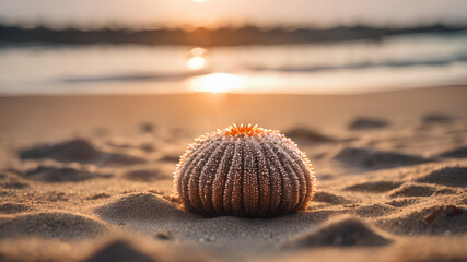 sea urchin shell outdoors on the beach while considering the sweltering heat which is the symbol of creative block Blurred background shows the greenhouse effect. which indicates summer - obrazy, fototapety, plakaty