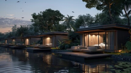 With no distractions or city noises sleep comes easily in the floating bungalows allowing guests to truly recharge and awaken feeling refreshed and connected to nature. 2d flat cartoon.