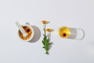 Small mortar and pestle, fresh calendula and beaker containing calendula extract decorated on a white background. Advertising photo with minimal concept and blank space for display product