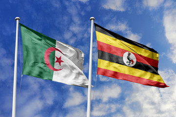 3d illustration. Algeria and Uganda Flag waving in sky. High detailed waving flag. 3D render. Waving in sky. Flags fluttered in the cloudy sky.