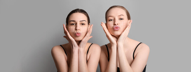 Grimacing young women with arrows for massaging on faces against grey background