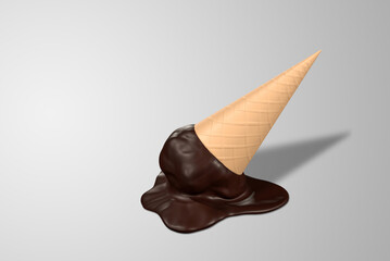 Chocolate ice cream cone melting and dropped onto the floor. 3D rendering Image.	