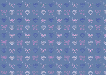 手描き　パターン　リボン　宝石　青　ピンク　素材　背景