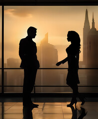 Business Meeting mit Silhouetten von Mann und Frau - Hintergrund mit Wolkenkratzern und Sonnenuntergang - AI generiert