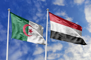 3d illustration. Algeria and Yemen Flag waving in sky. High detailed waving flag. 3D render. Waving in sky. Flags fluttered in the cloudy sky.