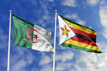 3d illustration. Algeria and Zimbabwe Flag waving in sky. High detailed waving flag. 3D render. Waving in sky. Flags fluttered in the cloudy sky.