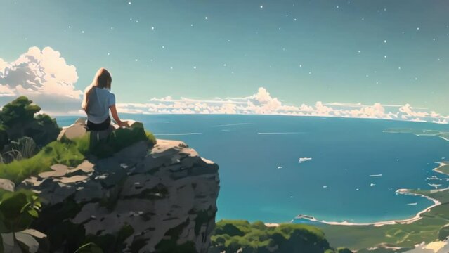 video someone sitting on a rock looking at the sea view