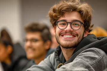 Happy teenage man college student smiling to camera in the classroom.