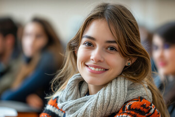 Happy teenage woman college student smiling to camera in the classroom.