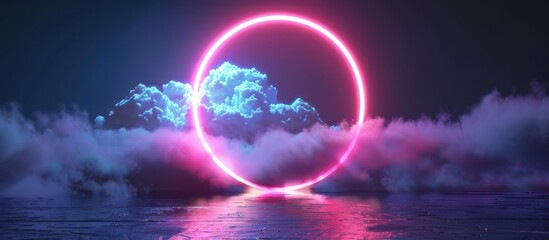 Neon lights in the shape of a circle surrounded by clouds. 3D rendering concept.