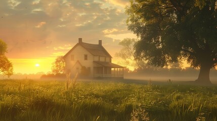 A serene countryside farmhouse bathed in the soft light of sunrise, awakening to a new day's possibilities