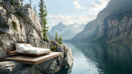 Unwind in a luxurious bed perched on a cliffside overlooking a crystal clear lake surrounded by majestic mountains. 2d flat cartoon.