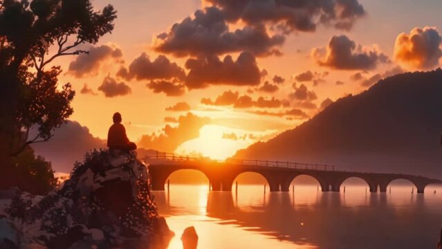 video someone sitting on a rock watching the sunset
