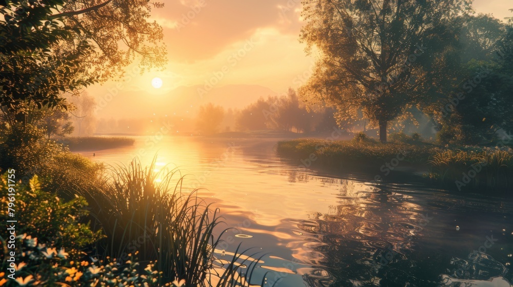 Poster a serene countryside scene as the sun rises over a tranquil river, casting a golden reflection on th