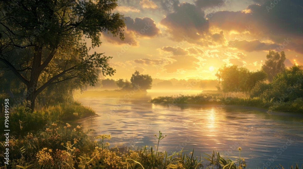 Poster a serene countryside scene as the sun rises over a tranquil river, casting a golden reflection on th