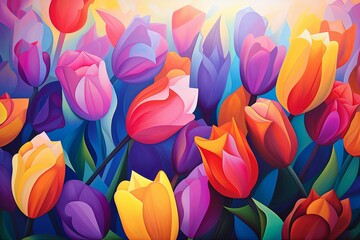 Multicolored Tulip Field Symphony: Captivating Floral Gradients