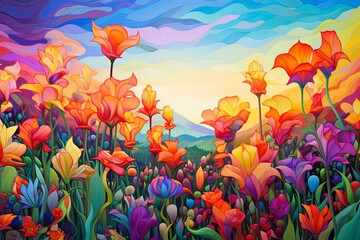 Fototapeta na wymiar Vibrant Tulip Field Gradients: A Vivid Floral Tapestry