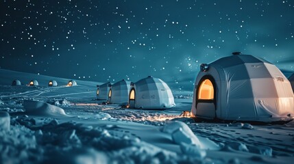 The peaceful and serene atmosphere of a snowy landscape with a row of igloos lining the horizon each with their own personal telescope for a spectacular night of stargazing. 2d flat cartoon. - obrazy, fototapety, plakaty