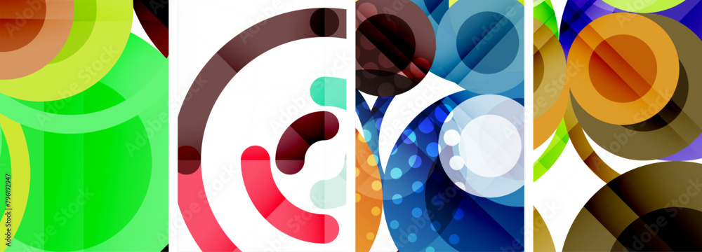 Poster a vibrant collage of colorful circles and rectangles painted with electric blue on a white backgroun