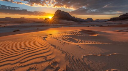 A hush falls upon the desert as the suns first rays peek over the horizon painting the sand in a warm golden glow. 2d flat cartoon.