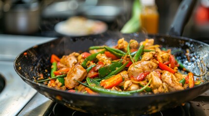 A sizzling wok filled with aromatic Thai yellow curry stir-fry, featuring tender chicken and vibrant vegetables