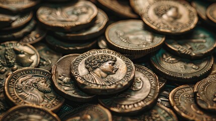 Close-up of ancient coins collection displaying exquisite details - obrazy, fototapety, plakaty