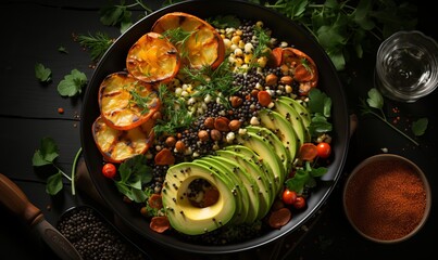 Top view of a salad in a black bowl, containing avocado, quinoa, roasted sweet potato, spinach, and chickpeas.