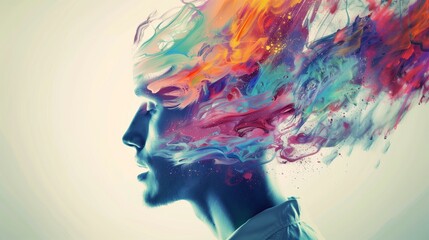 Surreal Abstract Side Profile of a Man with Vibrant Multicolored Paint Explosion from Head Representing Creativity and Imagination